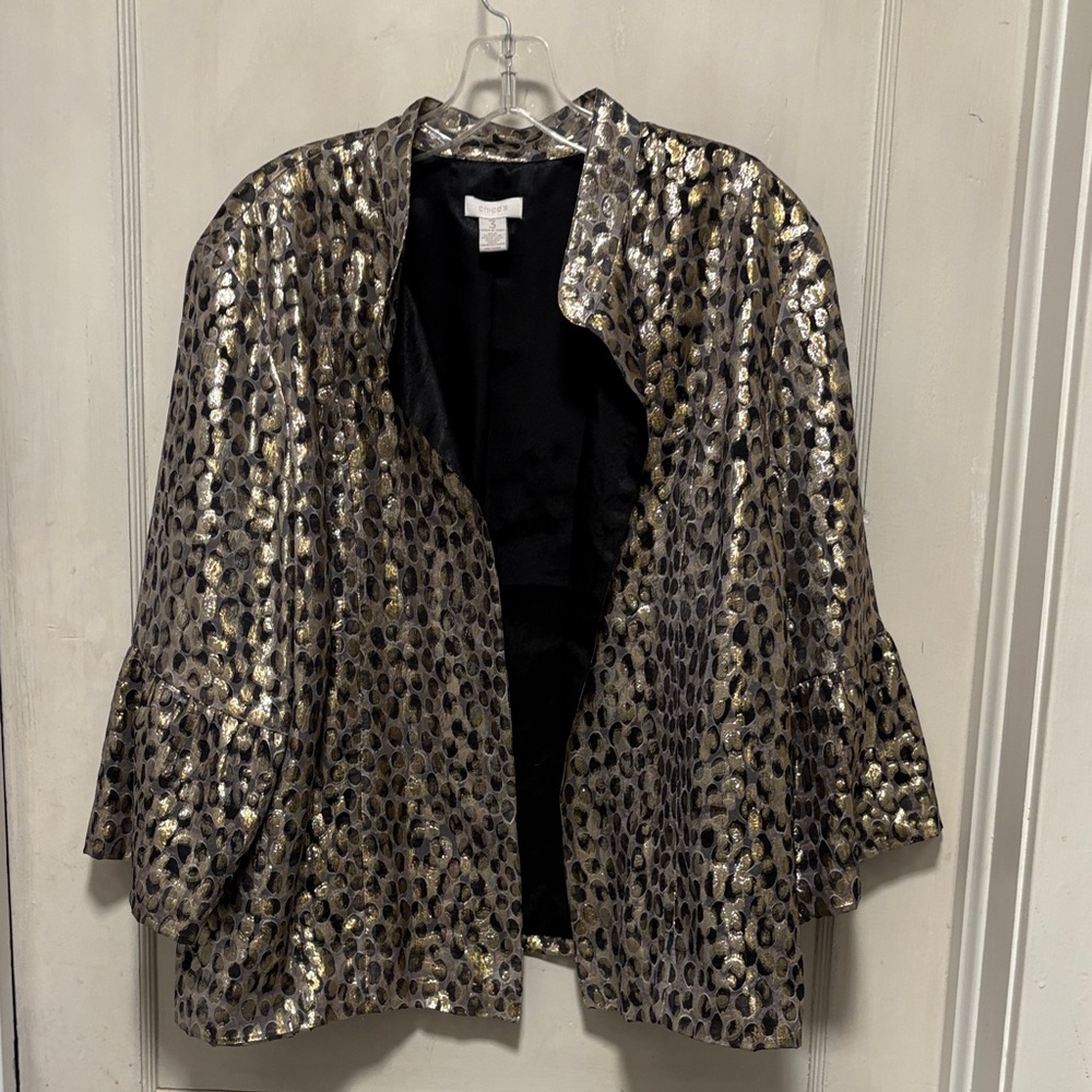 Chico’s Metallic Leopard Print Open Front Three Quarter Ruffle Sleeve Jacket XL